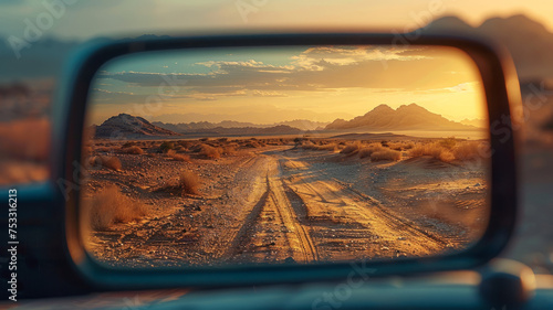 Rearview mirror showing a desert road at sunset.