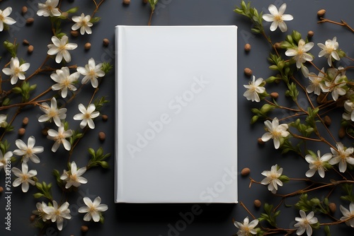 White blank book cover mockup on a dark background with flowers, top view.