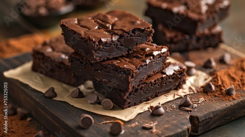 A pile of rich chocolate brownies neatly arranged on a wooden cutting board.