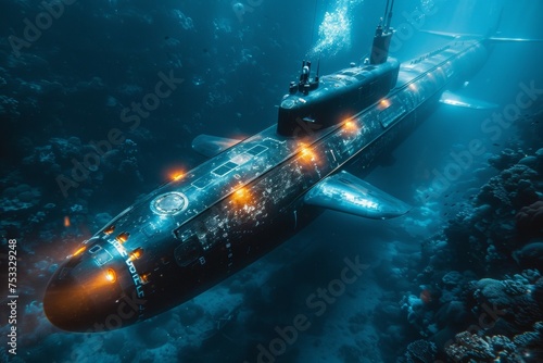 A submarine is seen in the ocean with a blue and orange light on the front
