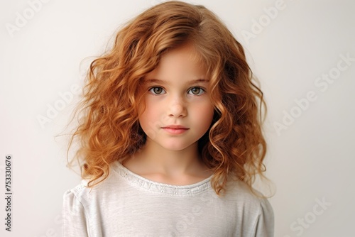 Portrait of a cute little girl with long curly hair on a white background