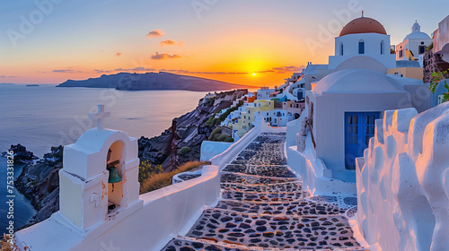 sunset by the ocean of Oia Santorini Greece, a traditional Greek village in Santorini.