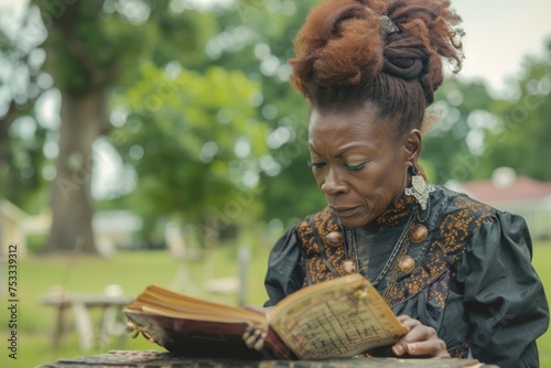 Elderly African American Woman Deeply Engrossed in Reading a Vintage Book in a Peaceful Outdoor Setting