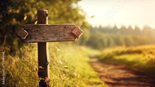 An empty wooden signpost bathed in the warm golden light of sunrise, at the start of a peaceful country trail. 