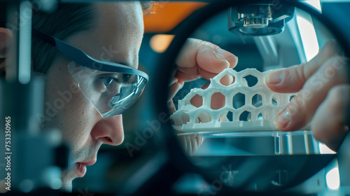 A closeup of a 3D printed prototype being tested and examined under a magnifying glass highlighting the strength and durability of the advanced materials used.