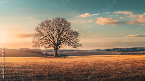 Generative AI : Lonesome tree on the fields near Worms, Germany during sunset