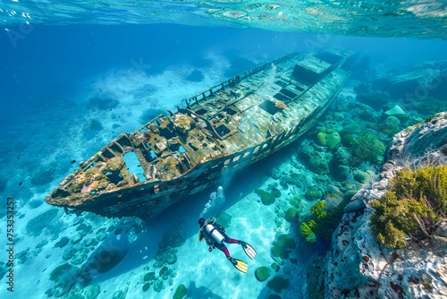 Scuba Diver Exploring Sunken Shipwreck in Tropical Coral Reef Under Crystal Clear Blue Sea