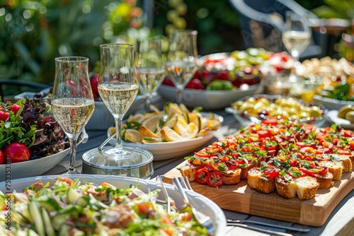 Elegant Outdoor Garden Party Set Up with Sparkling Wine, Fresh Canapes, and Healthy Salads on a Sunny Day