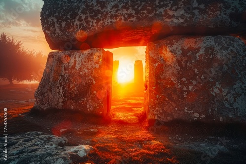 Majestic Sunset View Through Ancient Stone Dolmen on a Mystical Foggy Morning with Warm Light and Tranquil Scenery