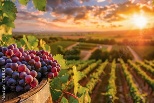 Scenic Vineyard at Sunset with Ripe Grapes on Wooden Barrel Overlooking Wine Country Landscape