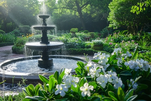 Serene Garden Scene with Elegant Water Fountain and Blooming Flowers in Sunlit Park