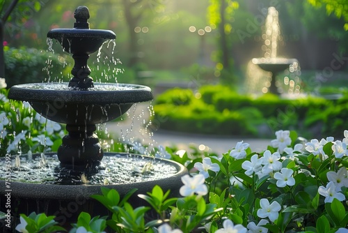Scenic Water Fountain Surrounded by Blooming White Flowers in a Lush Garden with Sunlight