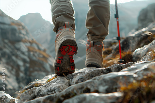 Hiking in the mountains. Hiking boots and trekking poles.