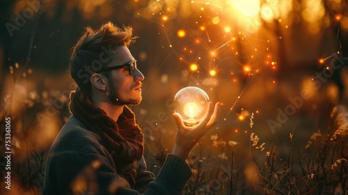A young man with a trendy haircut and wearing glasses is holding a transparent glass sphere in his outstretched hand. The sphere appears to contain a light bulb glowing with an intricate network of li