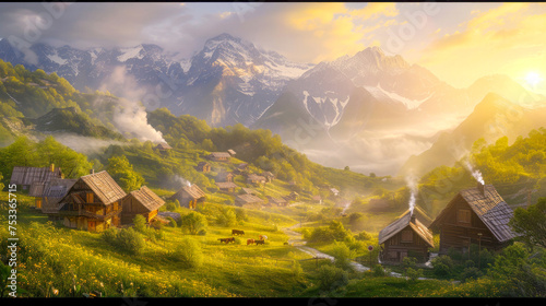 Golden Sunrise Over Mountain Village 🌄🏞️ | Digital Illustration of Tranquil Rural Life Awakened by First Light of Dawn