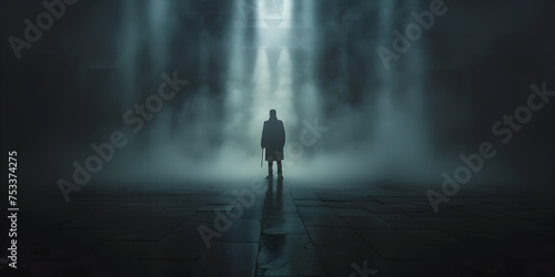  Walking businessman in the rain, alone in the city at night Sad man alone walking along the alley in the night foggy park.