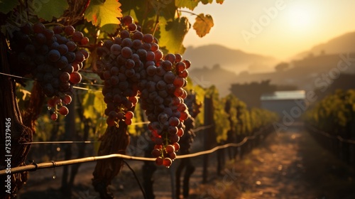 Ripe grape clusters in a vineyard at sunset, symbolizing viticulture and wine quality.