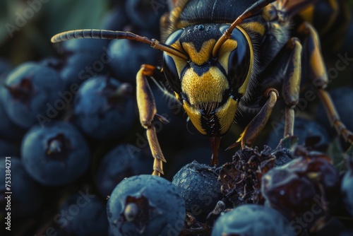 A wasp intensely feasting on vibrant blueberries, showcasing a vivid display of nature and wildlife interaction.