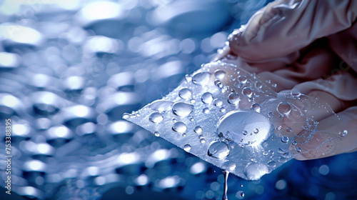 A gloved hand holds a small piece of paper coated with a hydrophobic substance causing droplets of water to roll off the surface without soaking into the paper.