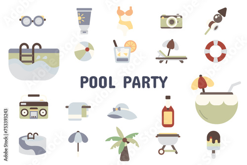 Pool Party Flat Vector Illustration Icon Sticker Set Design Materials
