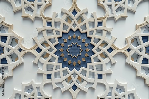 navy blue and beige islamic octagonal ornament with curved pattern on light grey background