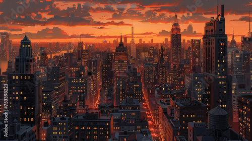A panoramic view of a bustling city skyline at dusk with illuminated artdeco buildings lit up against the fading orange sky.