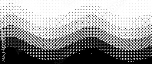 Pixelated wave line gradient texture. Black dithered gradation background. Retro bitmap video game wallpaper. Vintage undulate pixel halftone 8 bit overlay print. Vector wiggly striped fading backdrop