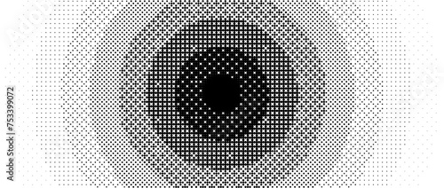 Radial pixelated gradient texture. Black and white dithered round gradation. Retro circle video game background. Halftone 8 bit wallpaper. Vintage circular pixel print. Vector bitmap overlay backdrop