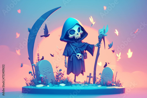Design a fantastical 3D cartoon character embodying both the playful and mysterious nature of death