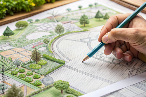 Close-up of Landscape Architect's Hand Sketching Garden Layout