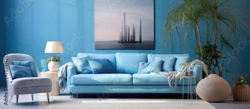Comfortable sofa in a pleasant blue living room