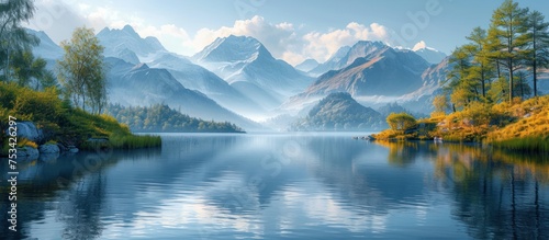 Landscape of mountains and lake at sunrise
