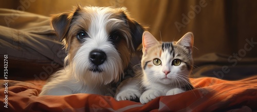 Jack russell terrier beside scottish fold cat on bed