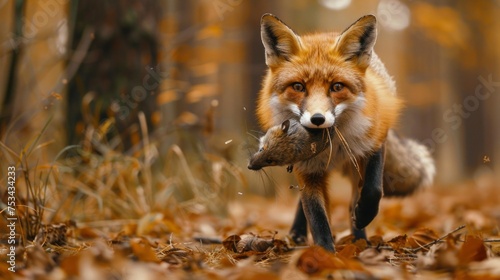 Close up photo of a red fox carrying a mouse in its mouth, against the background of an autumn pine forest
