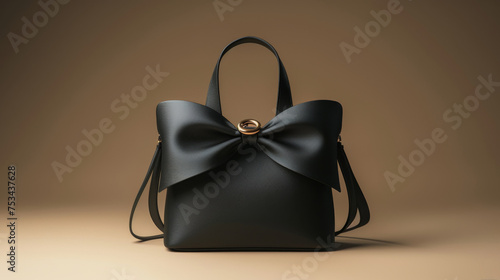 Black luxury leather handbag. High class fashion item, emphasizing clean design and sophistication. Leather texture details.