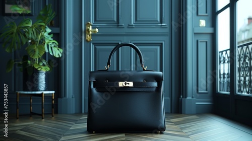 Black luxury leather handbag. High class fashion item, emphasizing clean design and sophistication. Leather texture details.