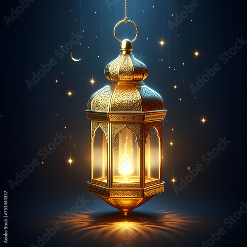 Golden Lantern, Arabic, Islam Lantern, celebrating Ramadan, Isolated on a dark blue background