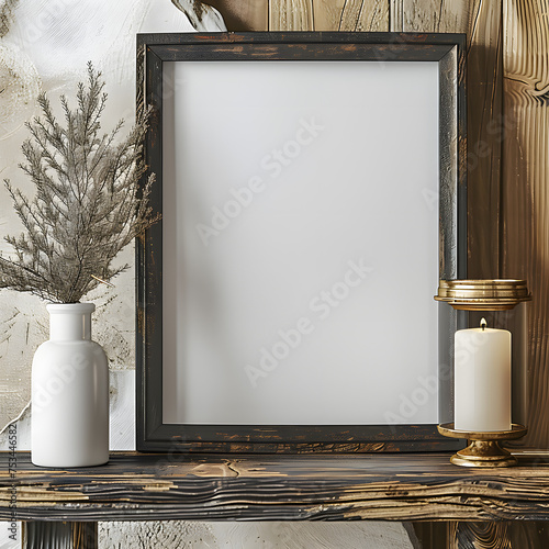mockup picture frame blank has a 2:3 aspect ratio with portrait orientation, displayed on the side table in the lodge near Redwood National Park, commercial product photography, romantic naturalism, m