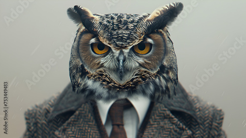 Portrait of owl in a business suit, generative ai 