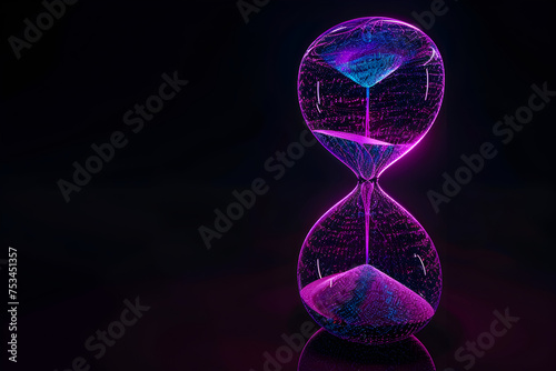Purple blue neon hourglass with glowing sand isotated on black background.