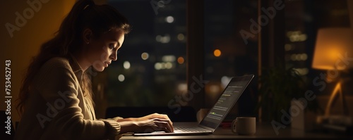 Business woman using laptop at desk work in late in office