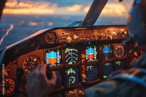 Commercial pilot navigating aircraft with bright, illuminated cockpit instruments