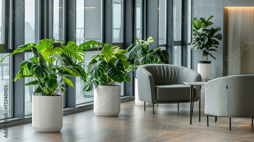 modern eco friendly office interior decorated with plants, environment friendly office interior architecture, tables chairs plants, philodendron plants in office