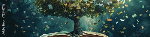 A surreal illustration of a giant tree whose leaves are various currencies from around the world growing out of a book on economics symbolizing financial growth and knowledge