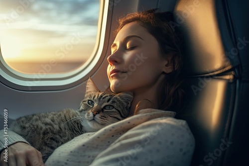 A young beautiful woman sleeps near an airplane window hugging a cat during a flight. A tired girl dozes on an airplane with a view of the sunset, dawn.