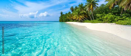 Crystal-clear waters edge onto a white sandy beach lined with lush tropical palms under a blue sky