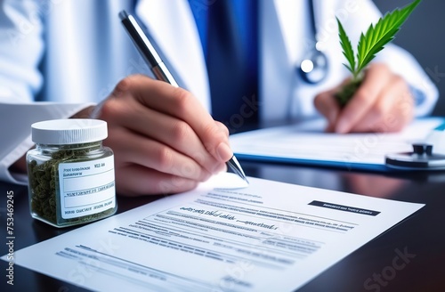 Medical marijuana. Cannabis on the table with doctor writting prescription in background