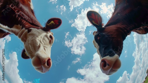 Bottom view of cows standing in a circle against the sky. An unusual look at animals. Animal looking at camera