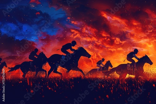 silhouettes of racing horses are set against a brightly lit audience and a vivid nighttime sky