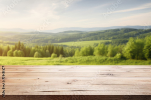 an empty wooden table on a blurred background of the countryside. a mockup for the display of your product.